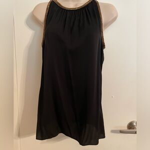 Trina Turk black silk tank S. Bronze herringbone details.